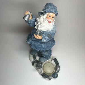Vintage Santa Claus Blue Suit Candle Holder Figurine Ceramic Tealight Christmas